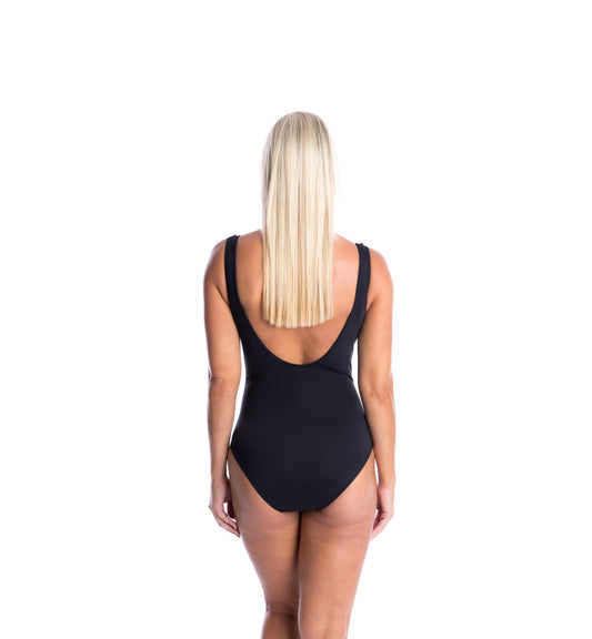 Togs: Solid Black V Neck Frill Underwire One Piece Bather