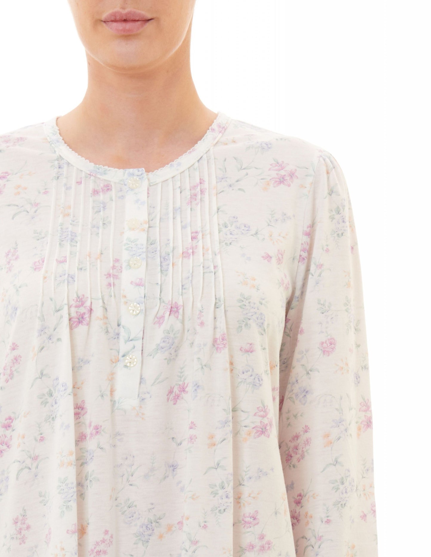 Givoni: Short Nightie with Long Sleeves. Pintucks. Front Placket 'Alison'