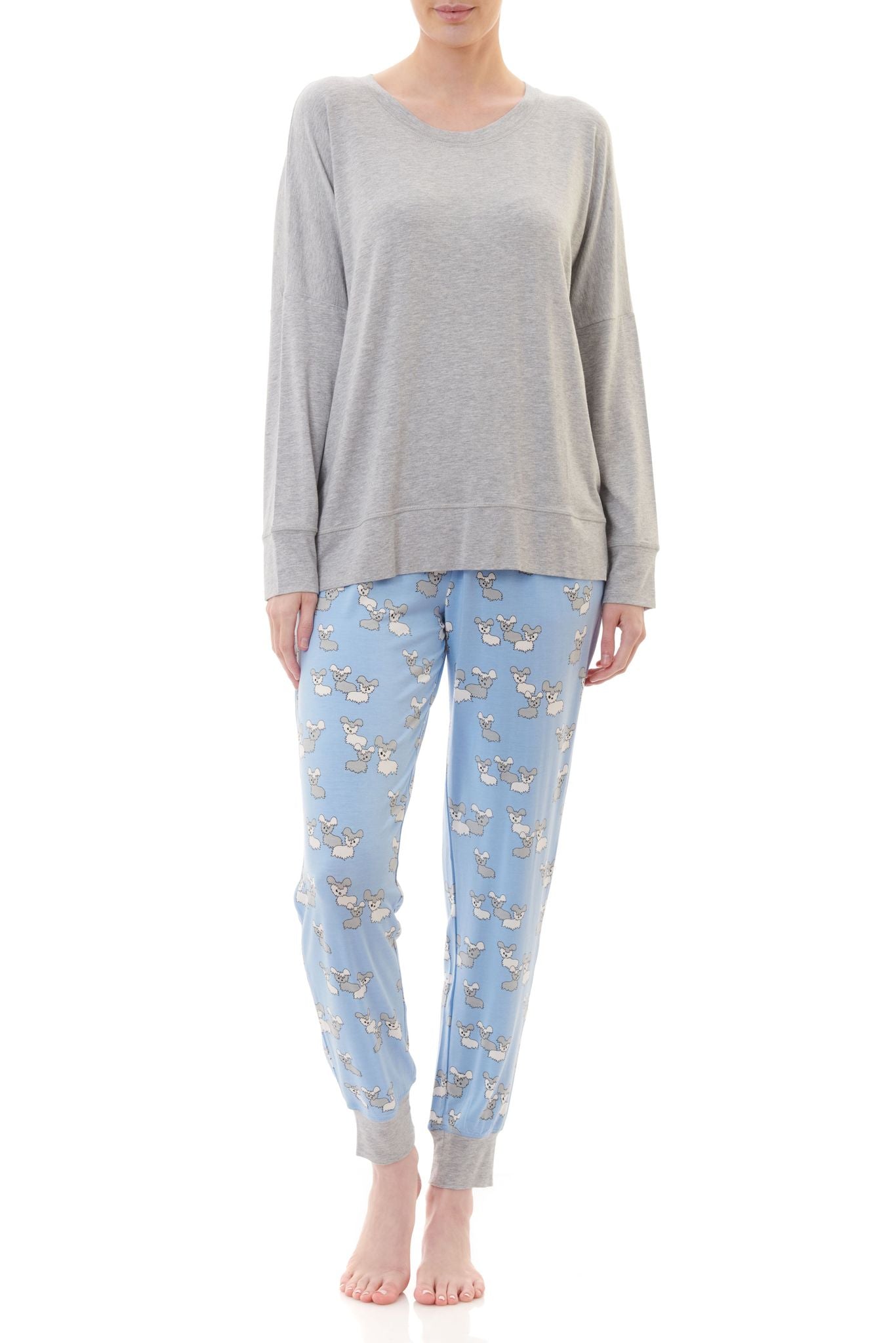 Givoni: Long Ski Pyjama. Grey Marle Top with Round Neck. 'Pups'