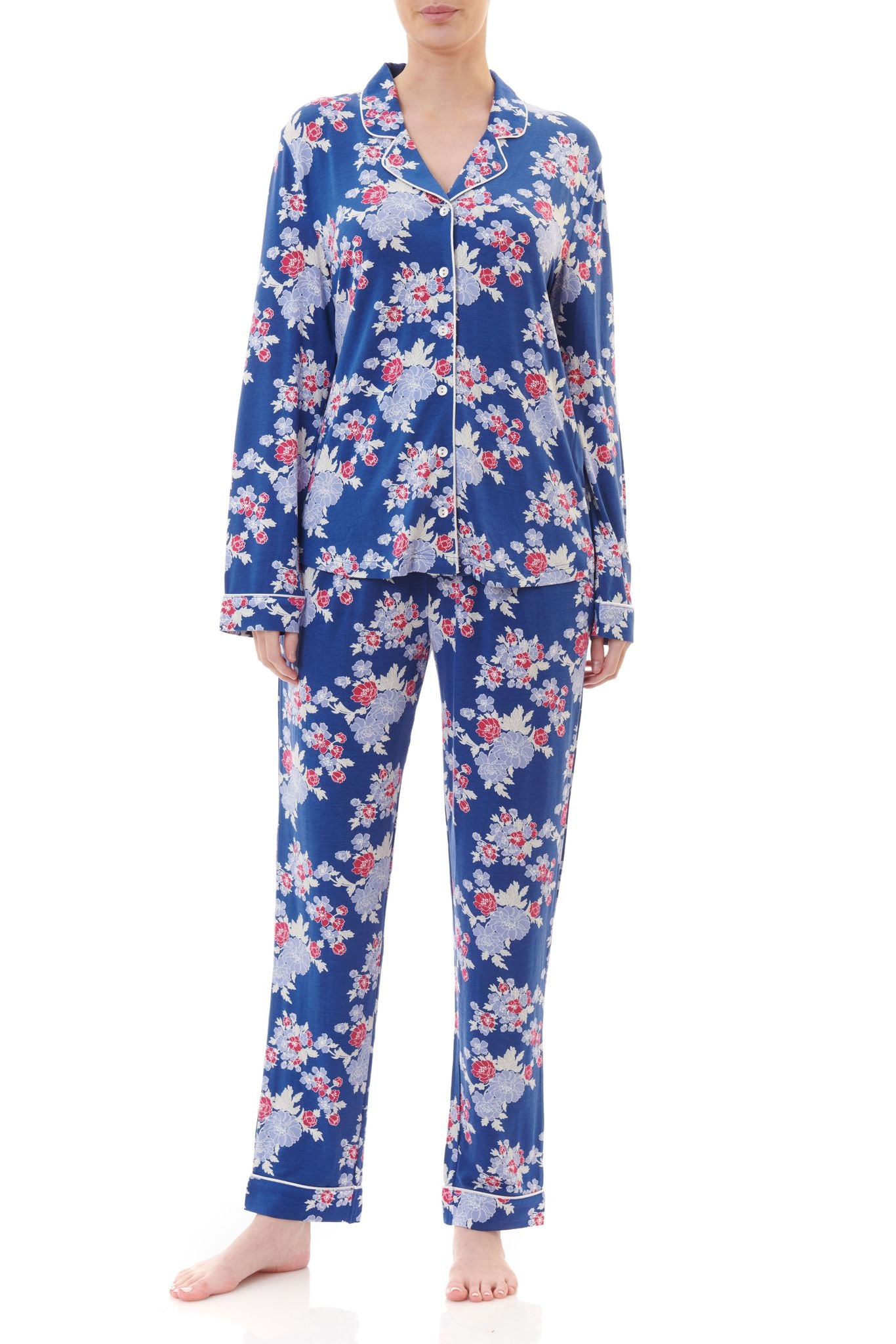 Givoni: Long Pyjama with White Satin Piping. 'Gardenia'