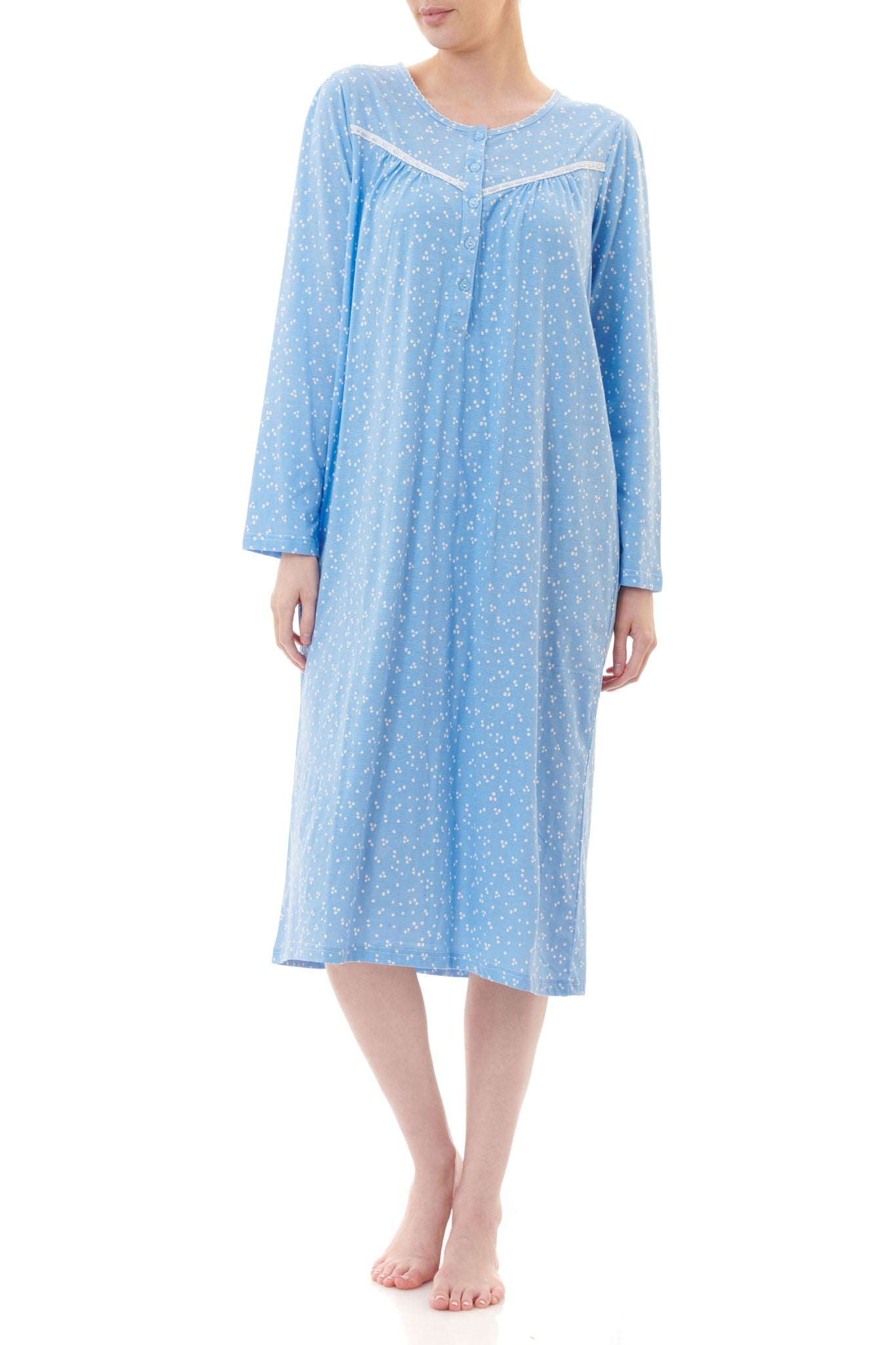 Givoni: Mid Length Nightie. V Yoke with Ribbon Threaded Lace. 'Willow'