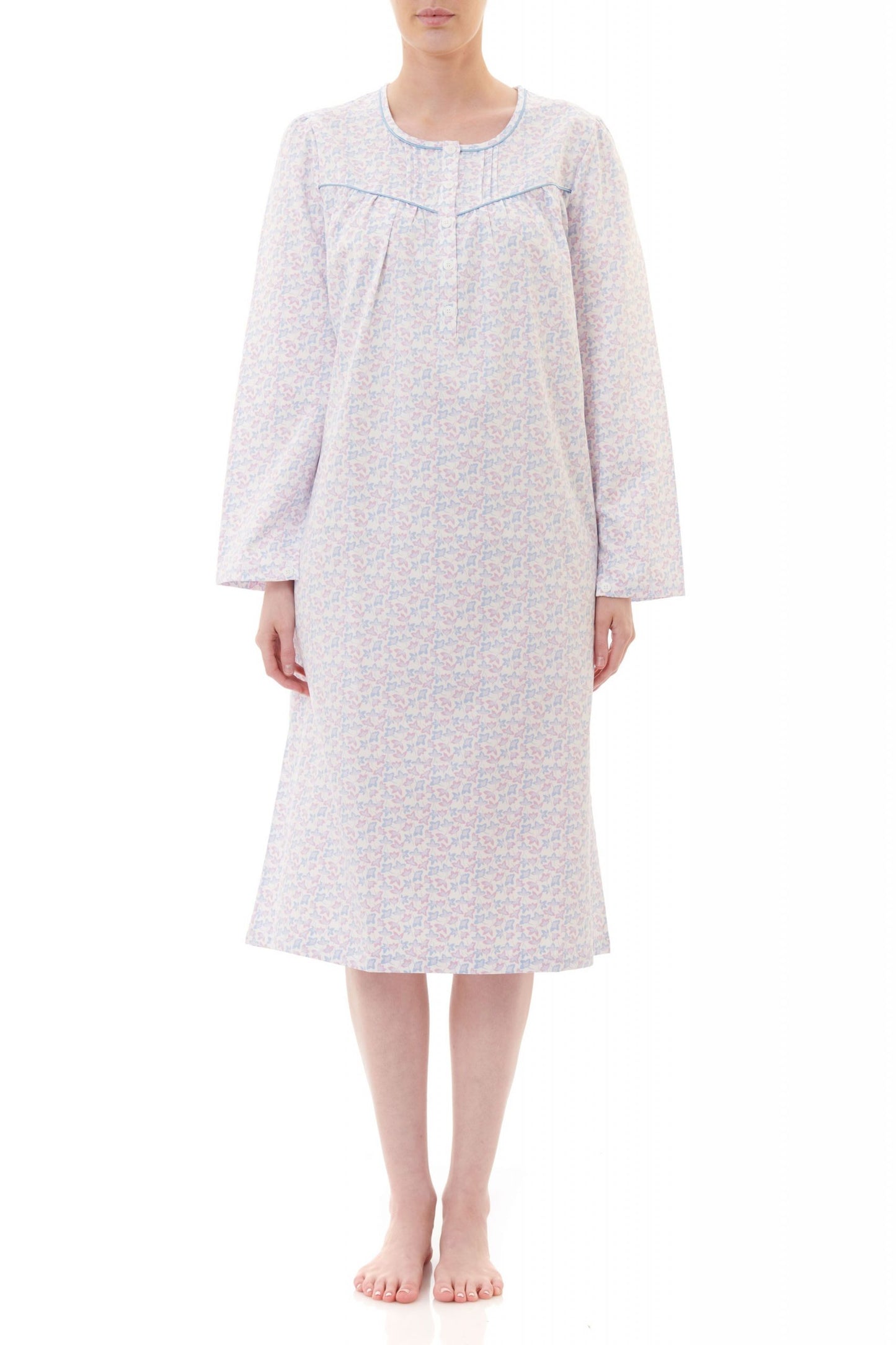 Givoni: Mid Length Nightie. Long Sleeves with Buttons. 'Winona'