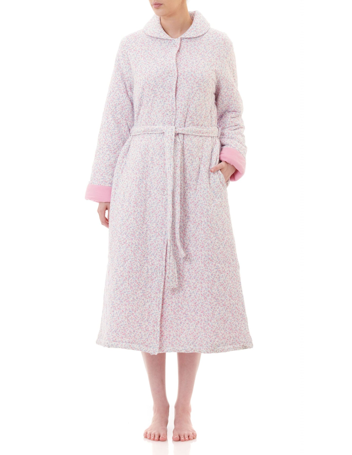 Givoni: Mid Length Button Gown with Quilted Print. Pink Jersey Knit. 'Mae'