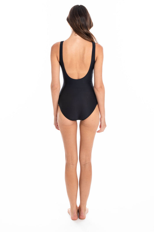 Togs: Textured Black Surplice One Piece