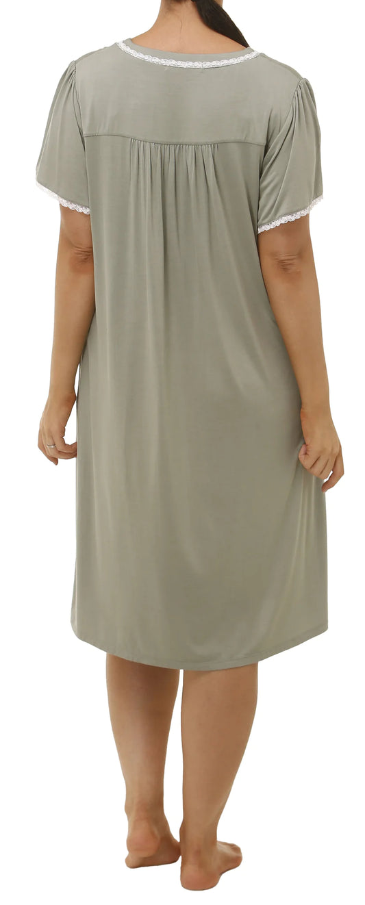 Yuu: 'Aztec' Short Sleeve Mid Length Nightie Sleep Dress SAGE