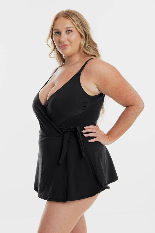 TOGS Black Microfibre Swimdress Cross Over 1PC