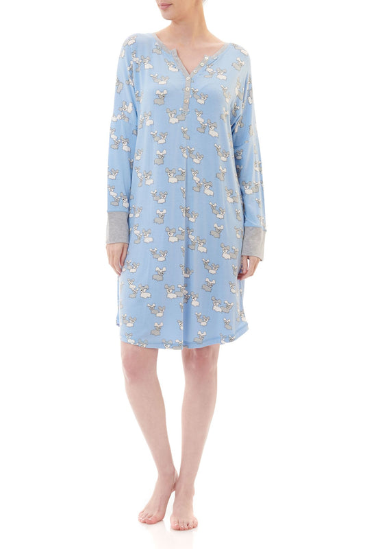 Givoni: Short Nightie. Grey Marle Neckband. Button Placket Opening. 'Pups'