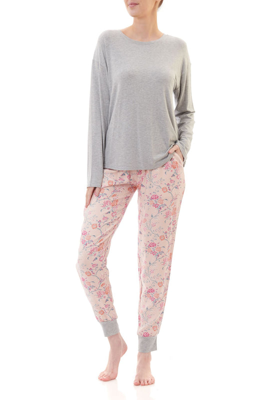 Givoni: Long Ski Pyjama with Grey Marle Top.  'Carnation'