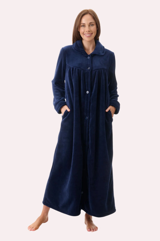 Givoni: Long Length Luxury Polar Button Front Dressing Gown NAVY