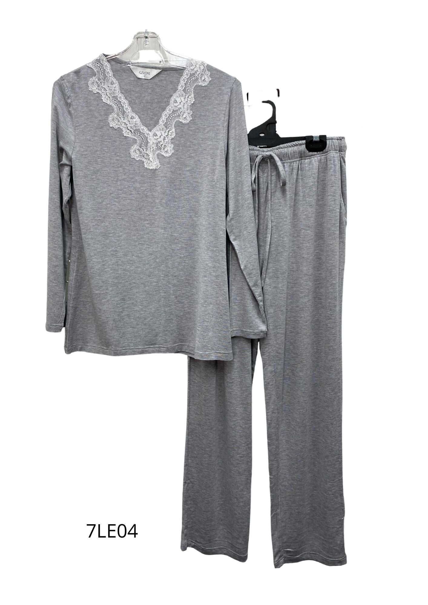 Givoni:  Long Pyjama Lace V Neck Modal Slinky Knit 'Grey Marle'