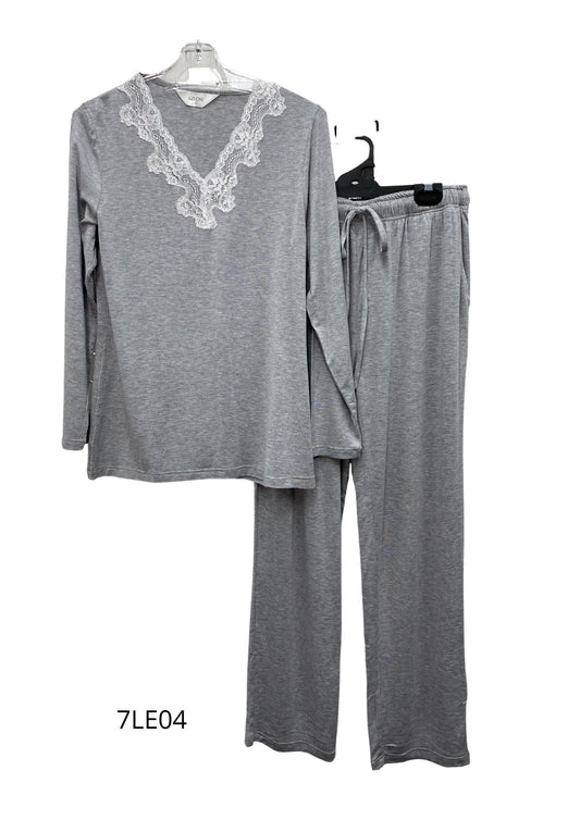 Givoni:  Long Pyjama Lace V Neck Modal Slinky Knit 'Grey Marle'