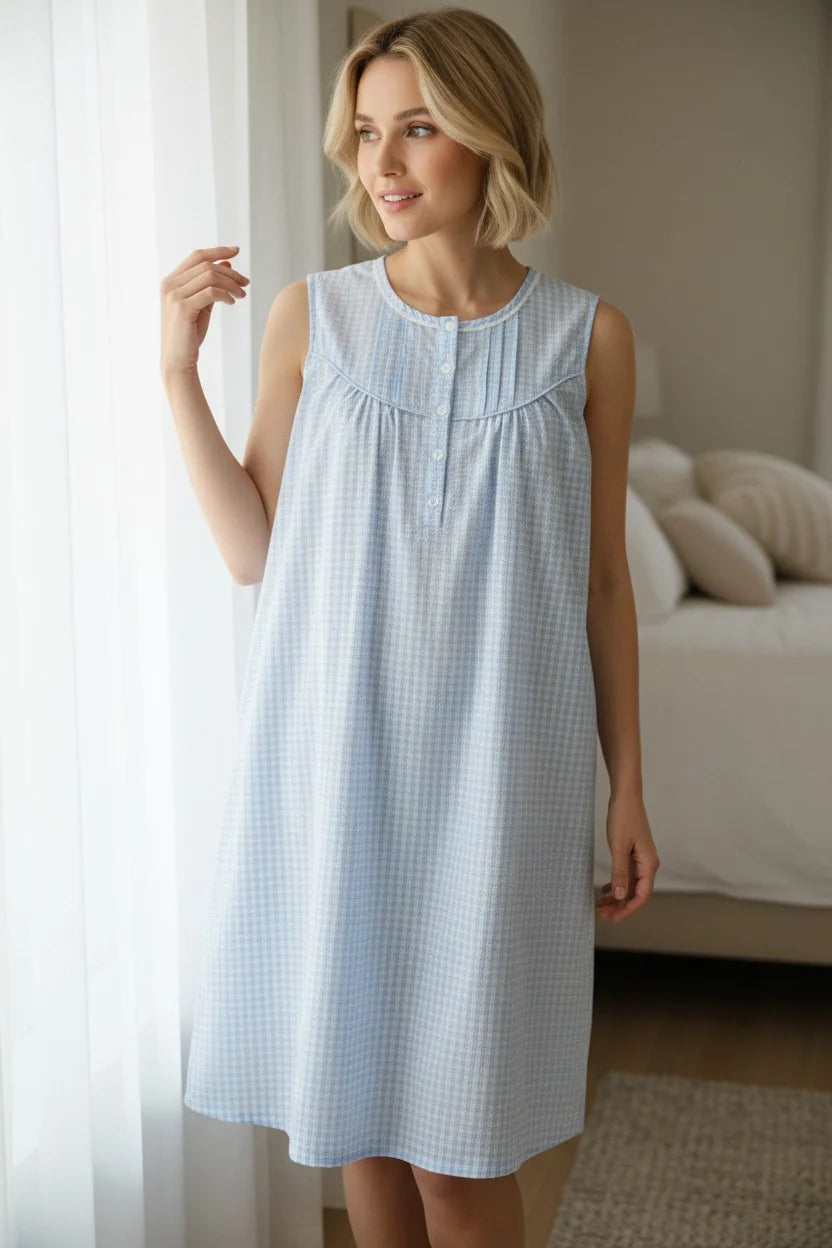 GIVONI - Check Seersucker Woven Sleeveless Short Nightie