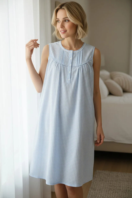 GIVONI - Check Seersucker Woven Sleeveless Short Nightie
