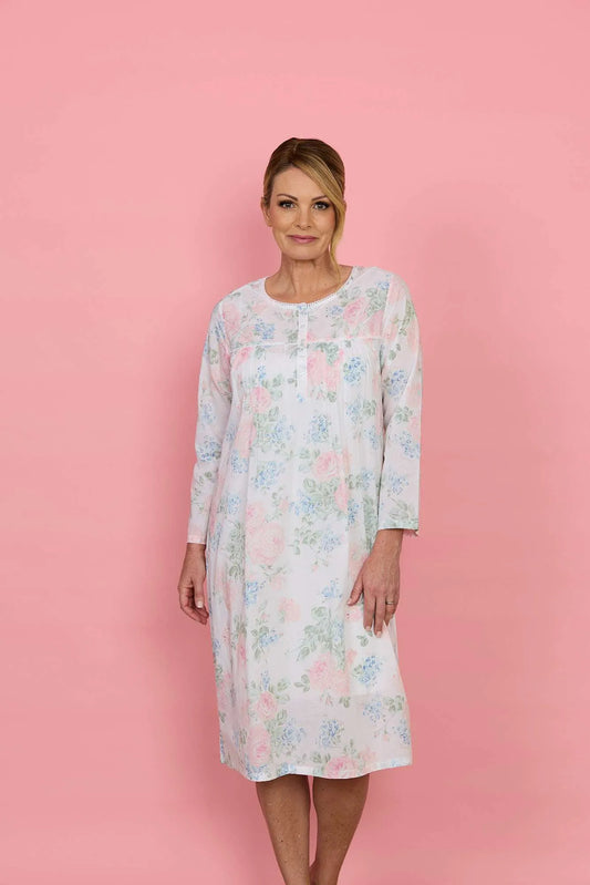 FRENCH COUNTRY:  Lilacs & Roses Long Sleeve Cotton Nightie