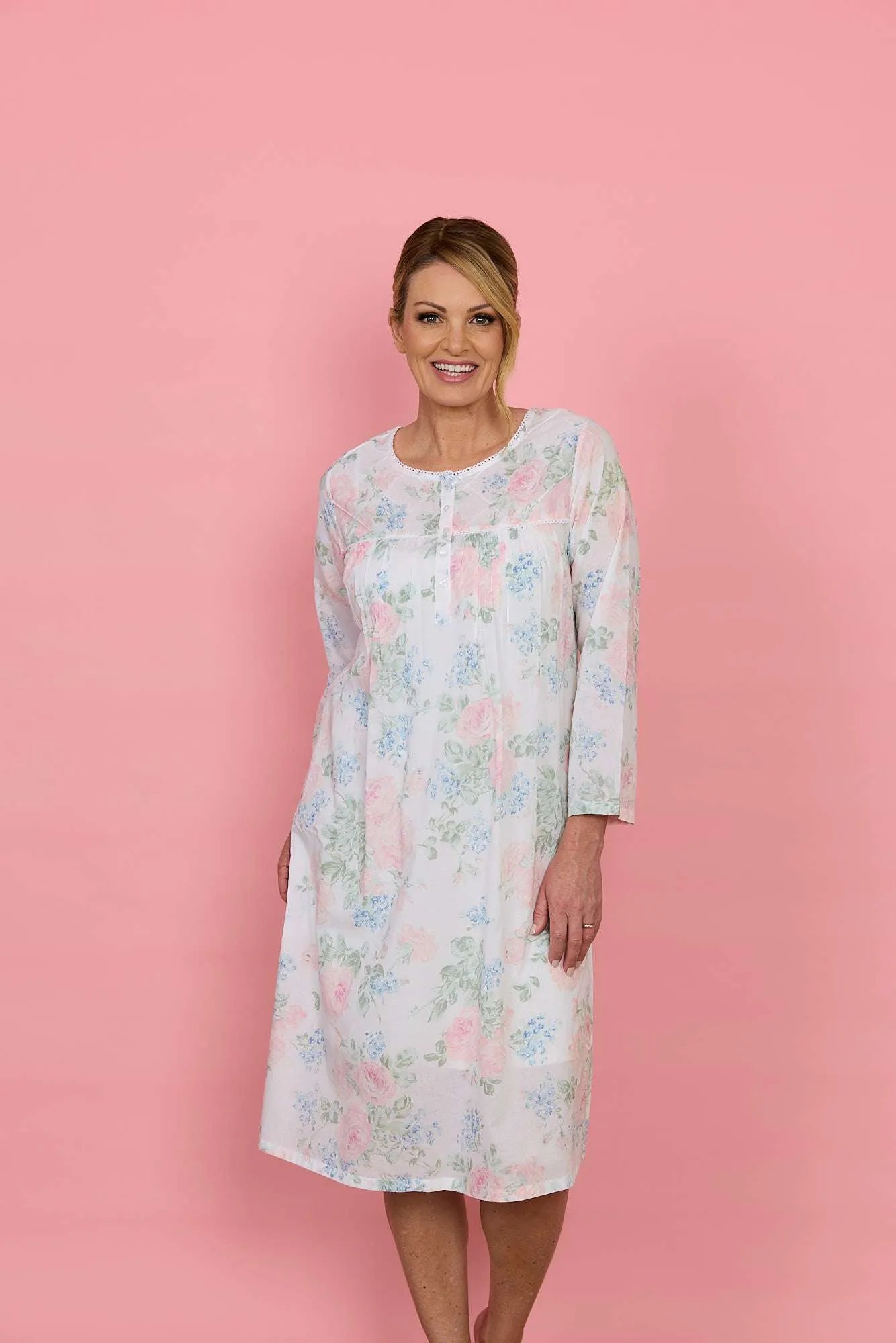FRENCH COUNTRY:  Lilacs & Roses Long Sleeve Cotton Nightie