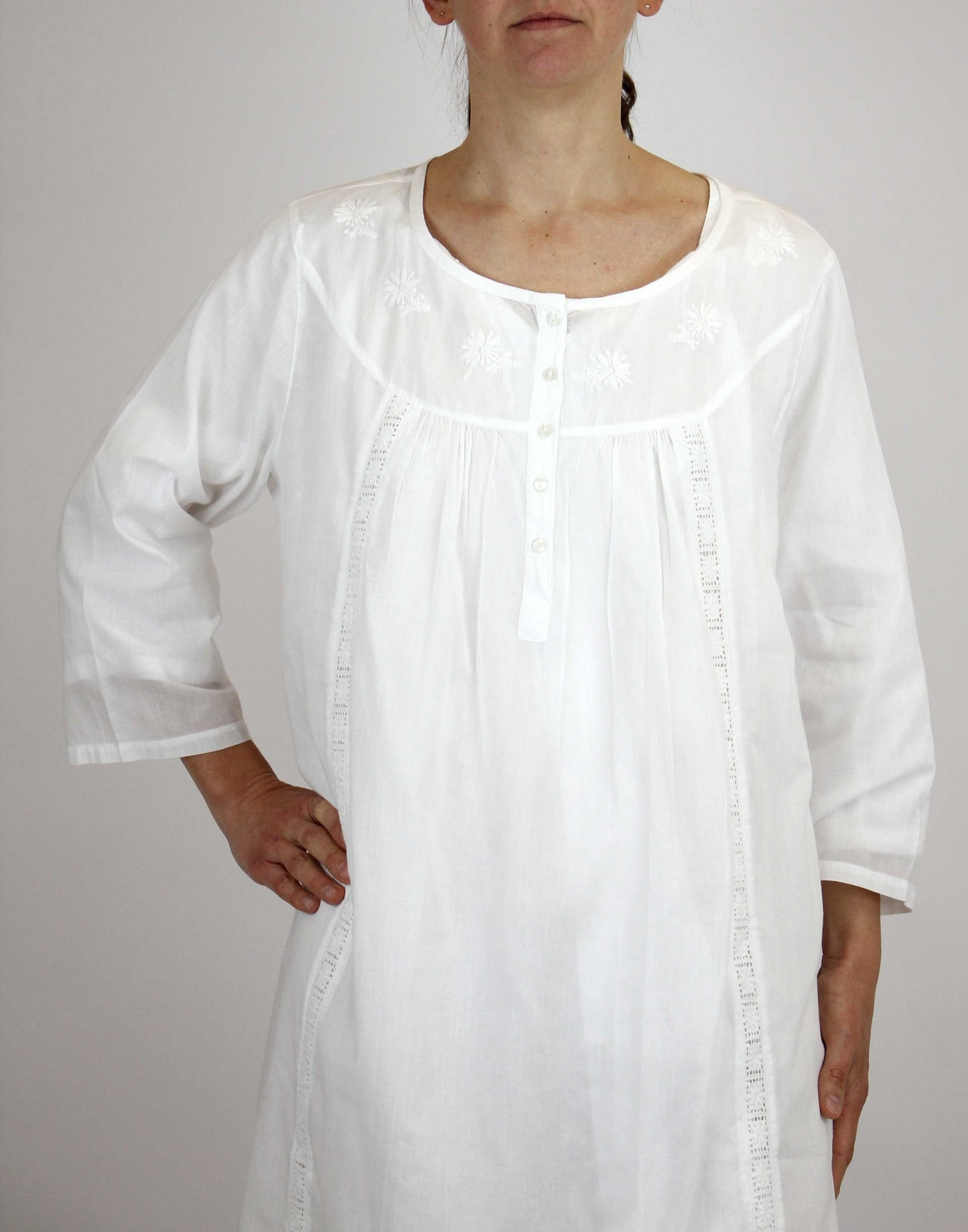 French Country: 3/4 Sleeve Mid Length Nightie Night Gown. Cotton