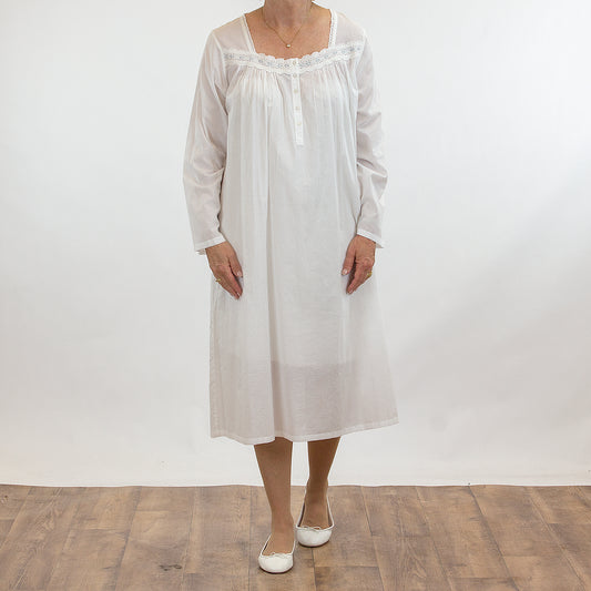 French Country: Nightie with Long Sleeves. Button Neckline. Cotton.  'White'