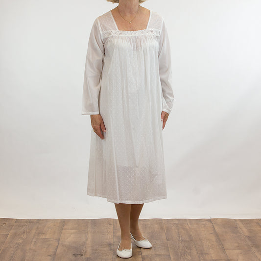 French Country: Nightie with Long Sleeves. Square Neck.  Cotton.  'White'