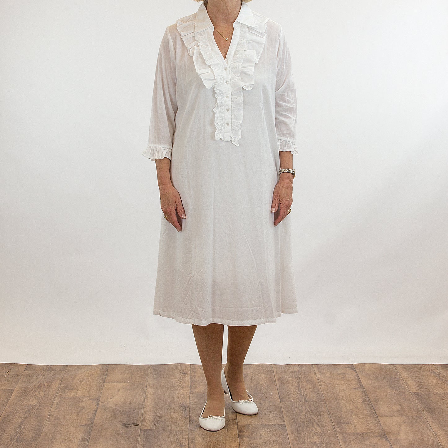 French Country: Mid Length Sleeve Nightie. Cotton.  'White'
