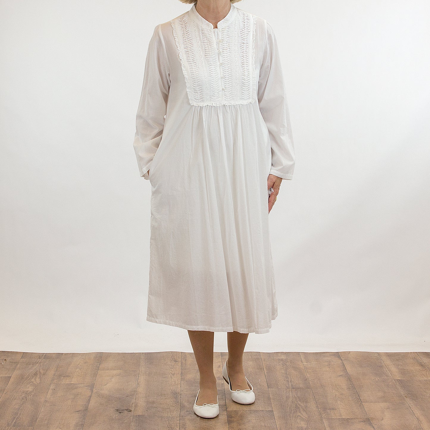 French Country: Mid Length Sleeve Nightie. Cotton.  'White'