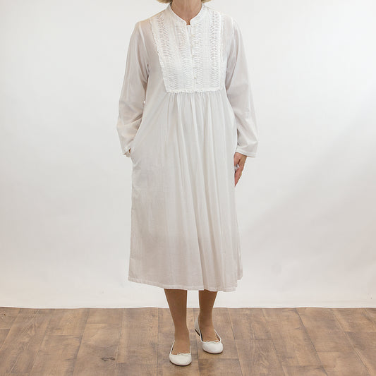 French Country: Mid Length Sleeve Nightie. Cotton.  'White'