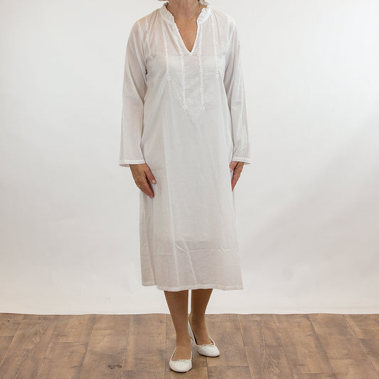 French Country: Long Sleeve Nightie. V Neck. Cotton.  'White'