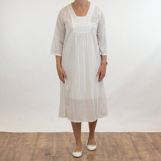 French Country: Mid Length Sleeve Nightie. Square Neck. Cotton.  'White'