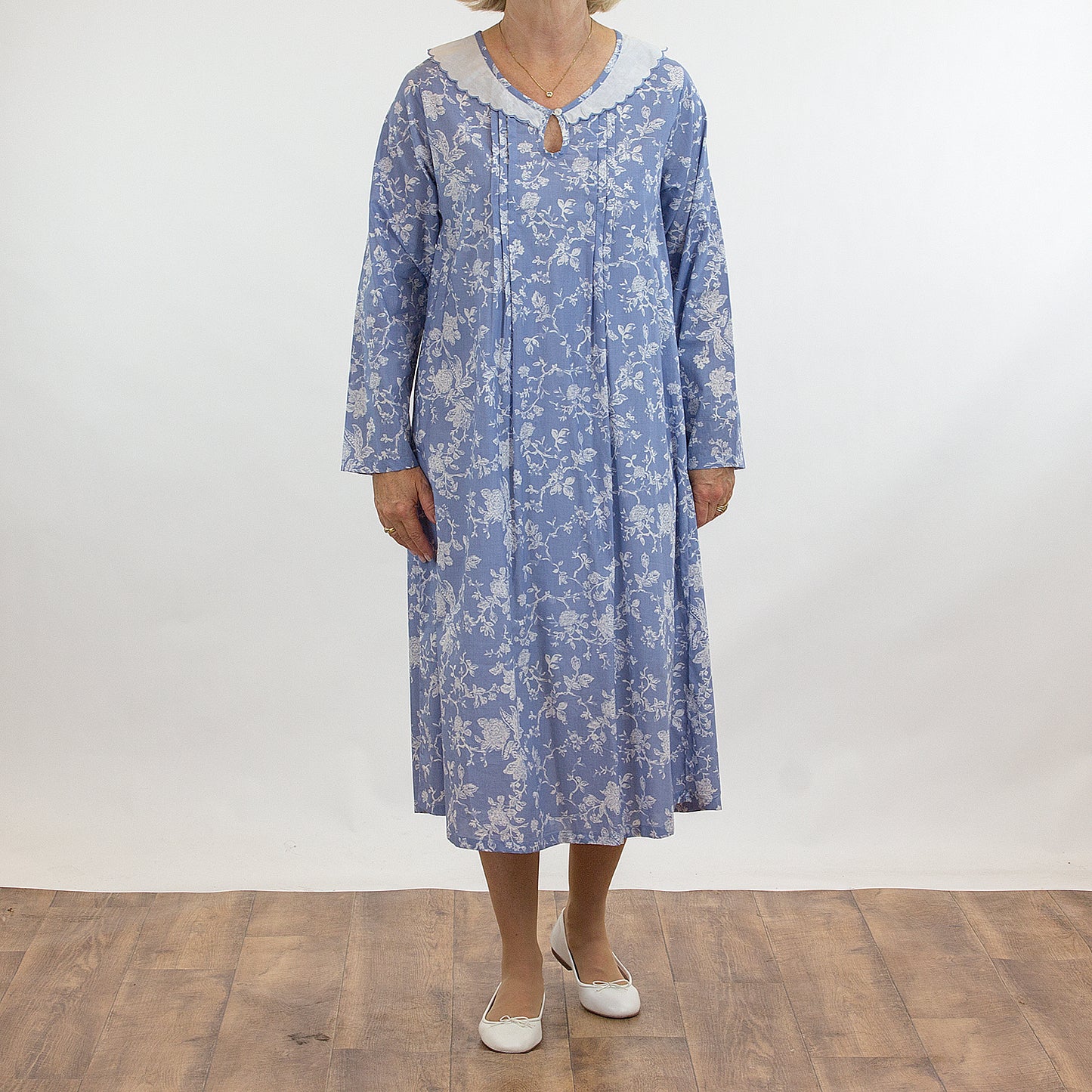 French Country: Long Length Sleeve Nightie. Round Neck. Cotton.  'Winter Rose'