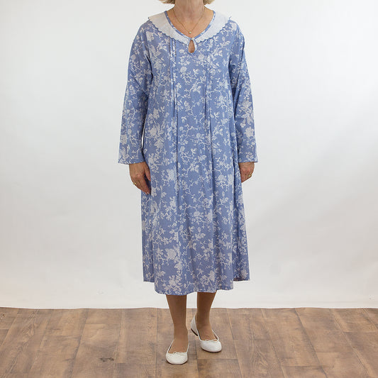 French Country: Long Length Sleeve Nightie. Round Neck. Cotton.  'Winter Rose'
