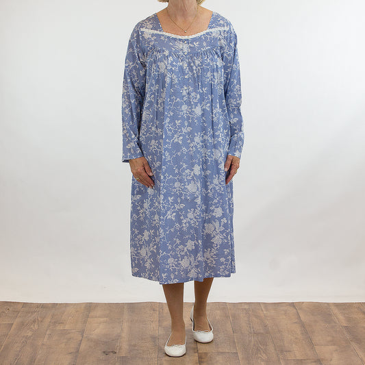 French Country: Long Length Sleeve Nightie. Wide Neck. Cotton.  'Winter Rose'
