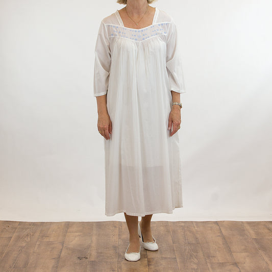 French Country: Mid Length Sleeve Nightie. Wide Neck. Cotton.  'White'