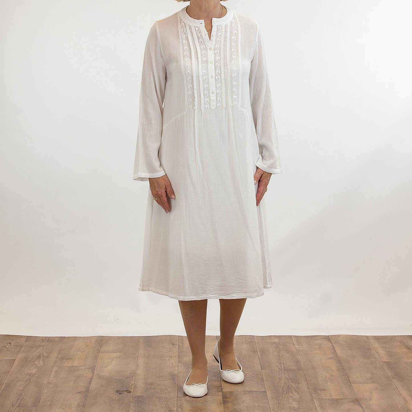 French Country: Long Sleeve Nightie. Round Neck. Cotton.  'White'