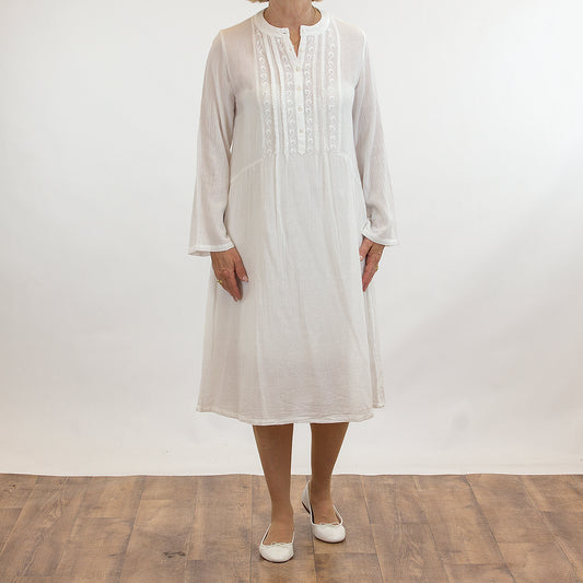 French Country: Long Sleeve Nightie. Round Neck. Cotton.  'White'