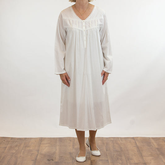 French Country: Long Sleeve Nightie. V Neck. Cotton.  'White'