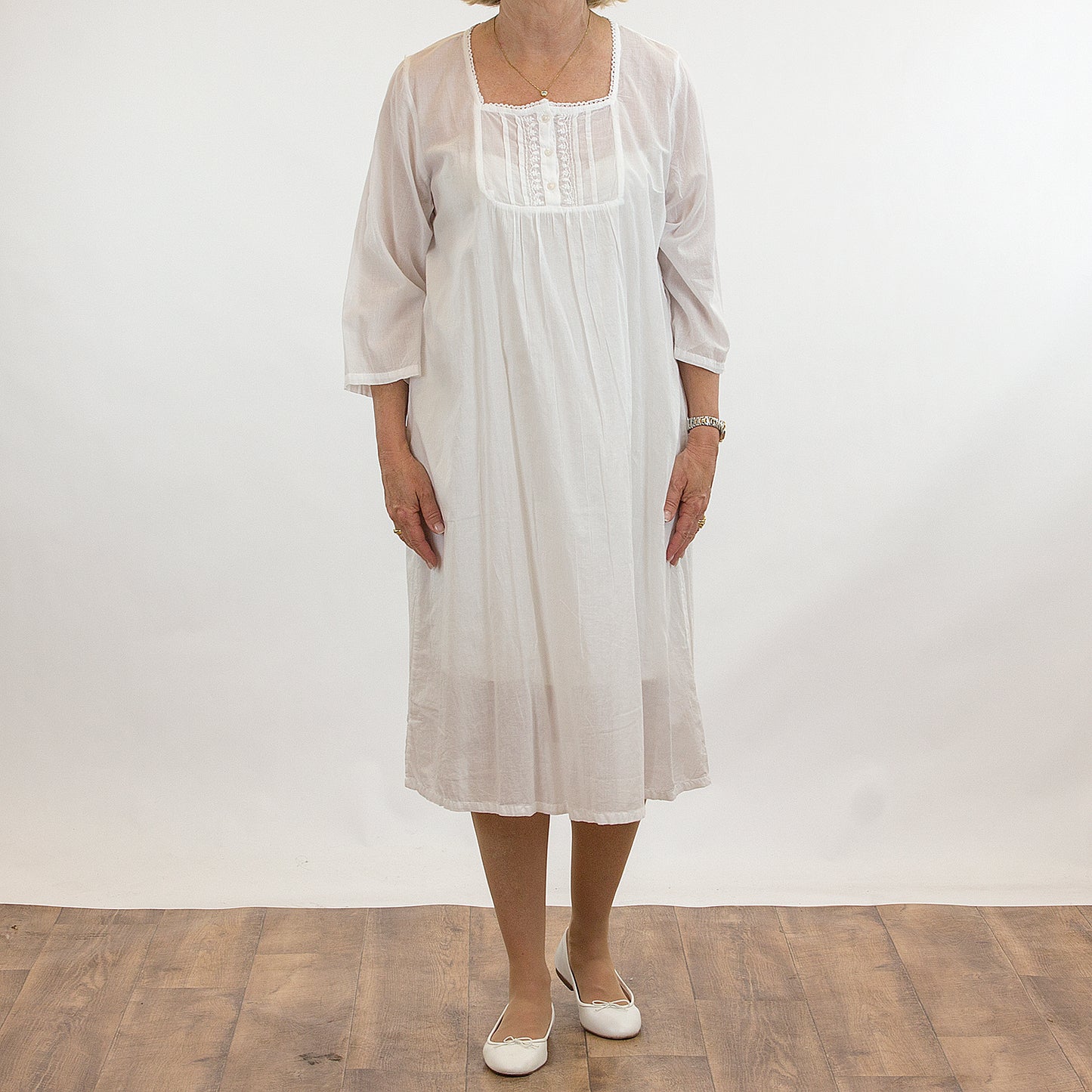 French Country: Mid Length Sleeve Nightie. Square Neck. Cotton.  'White'