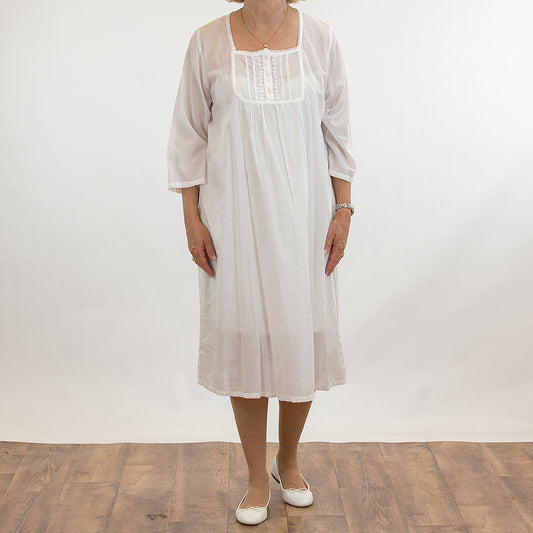 French Country: Mid Length Sleeve Nightie. Square Neck. Cotton.  'White'