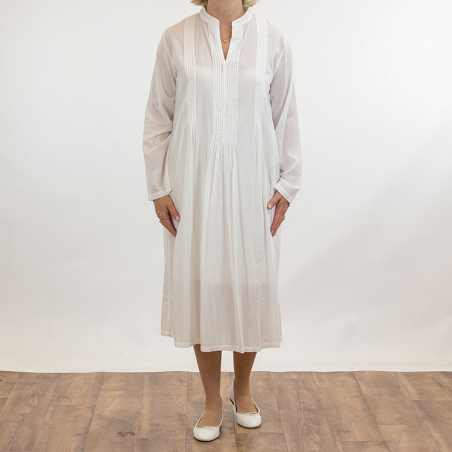 French Country: Long Sleeve Nightie. Round Neck. Cotton.  'White'