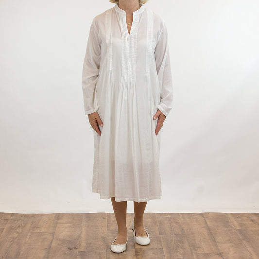 French Country: Long Sleeve Nightie. Round Neck. Cotton.  'White'