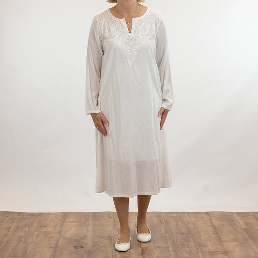 French Country: Long Sleeve Nightie. Round Neck. Cotton.  'Brushed White'