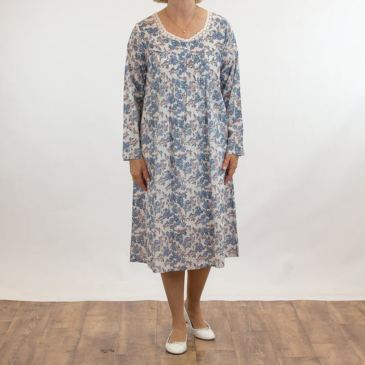 French Country: Long Sleeve Nightie. Wide Neck. Cotton.  'Winter Blooms'
