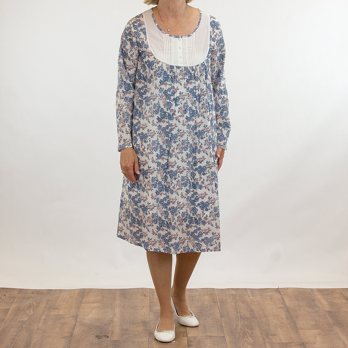 French Country: Long Sleeve Nightie. Round Neck. Cotton.  'Winter Blooms'