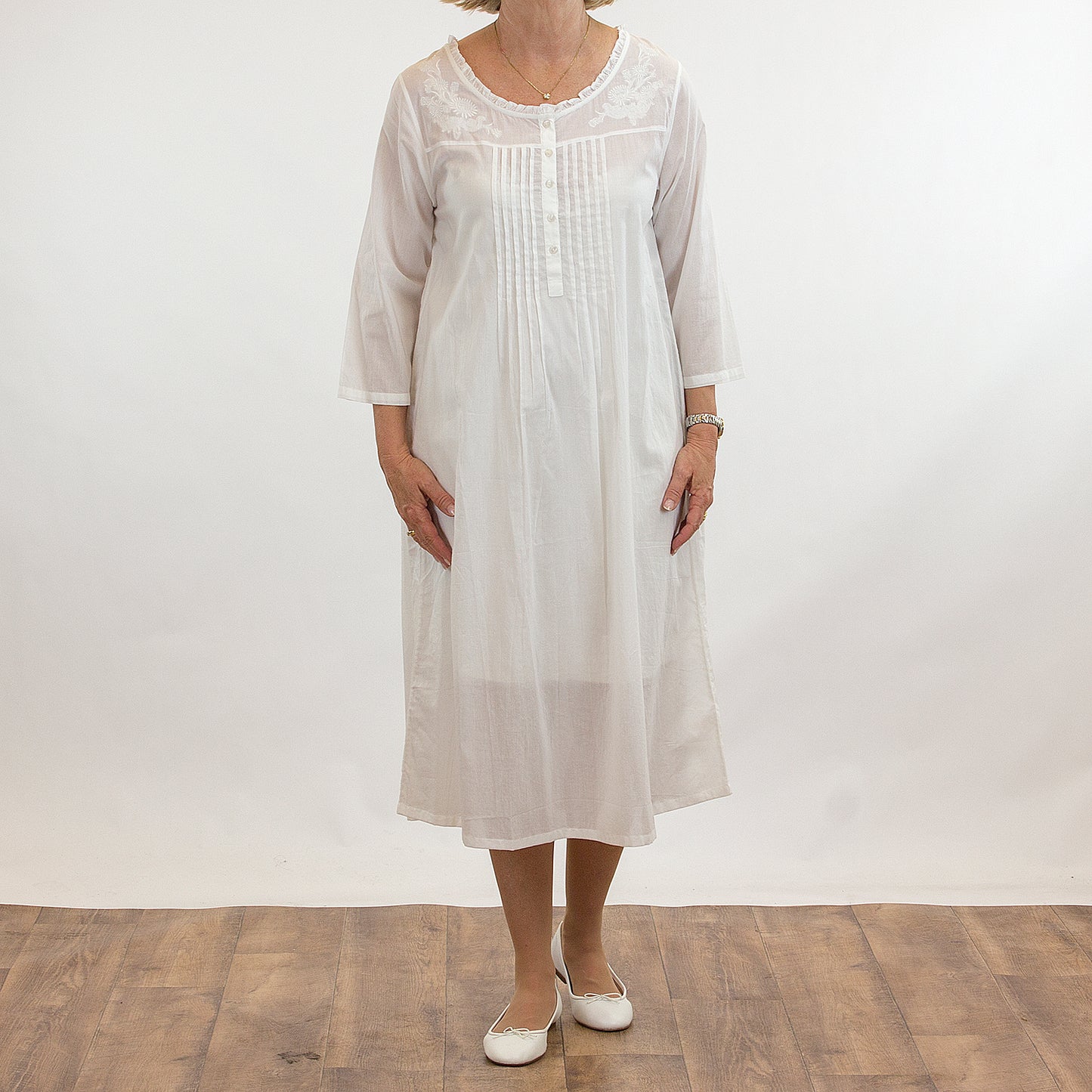 French Country: Mid Length Nightie Night Gown. Cotton.