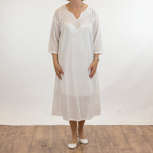 French Country: 3/4 Sleeve Long Length Nightie Night Gown. Cotton