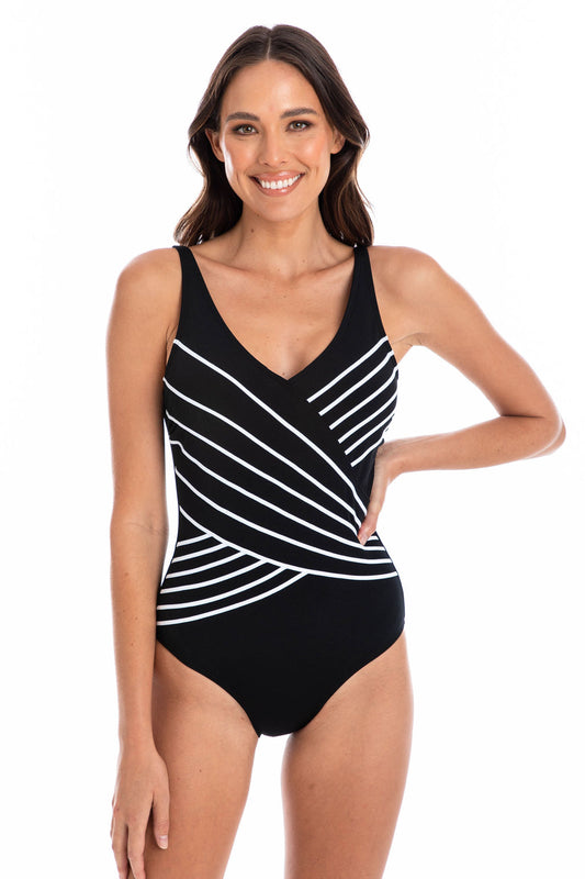 Togs: Black Chlorine Resistant Crossover Binding One Piece