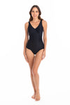 Togs: Textured Black Surplice One Piece