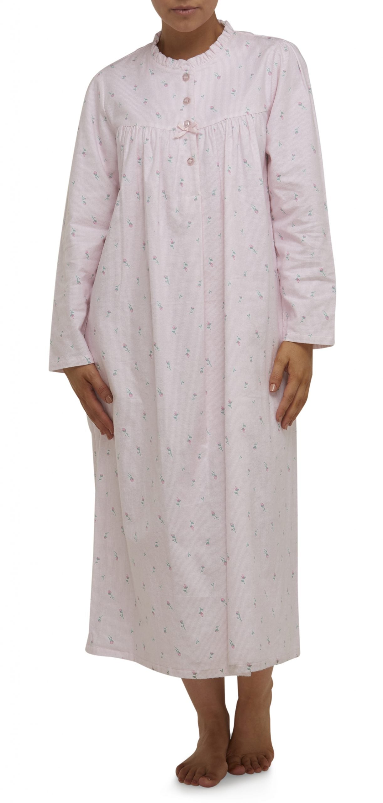 Schrank:  Ruffle Nightie Flannelette Long Length 'Rose Stripe'