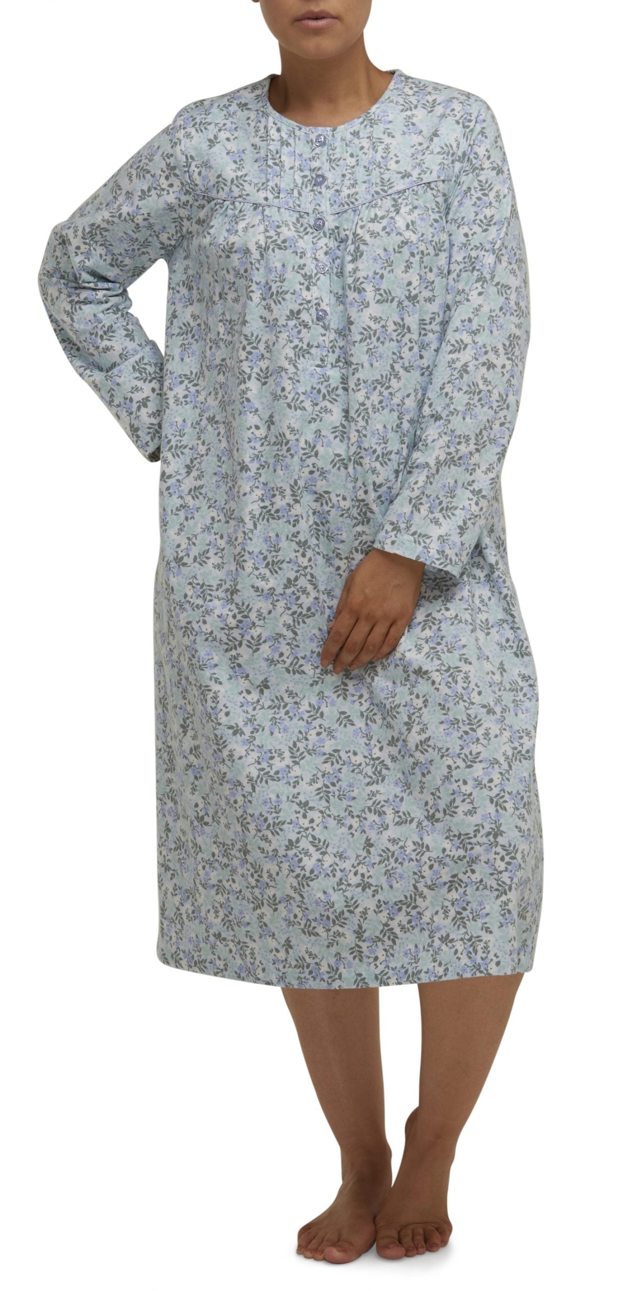 Schrank:  Pleated Nightie Flannelette Mid Length 'Rose Stripe'