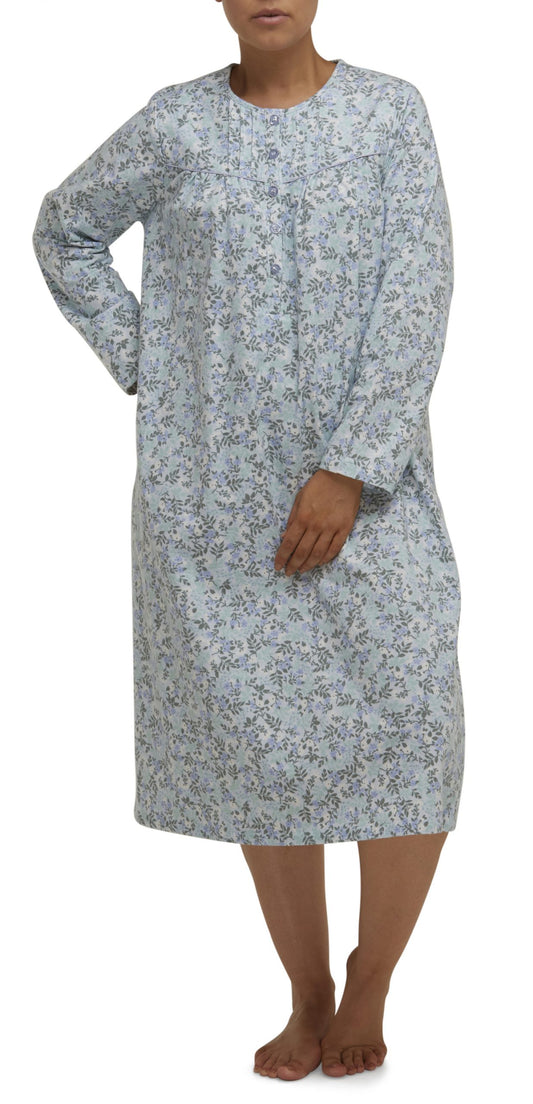 Schrank:  Pleated Nightie Flannelette Mid Length 'Rose Stripe'