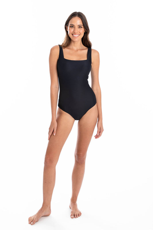 Togs: Textured Black Square Neck One Piece