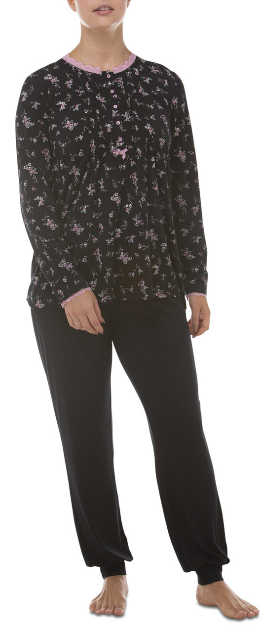 Yuu: Long Sleeve Long Pant Pyjamas. Black Pink Detail.